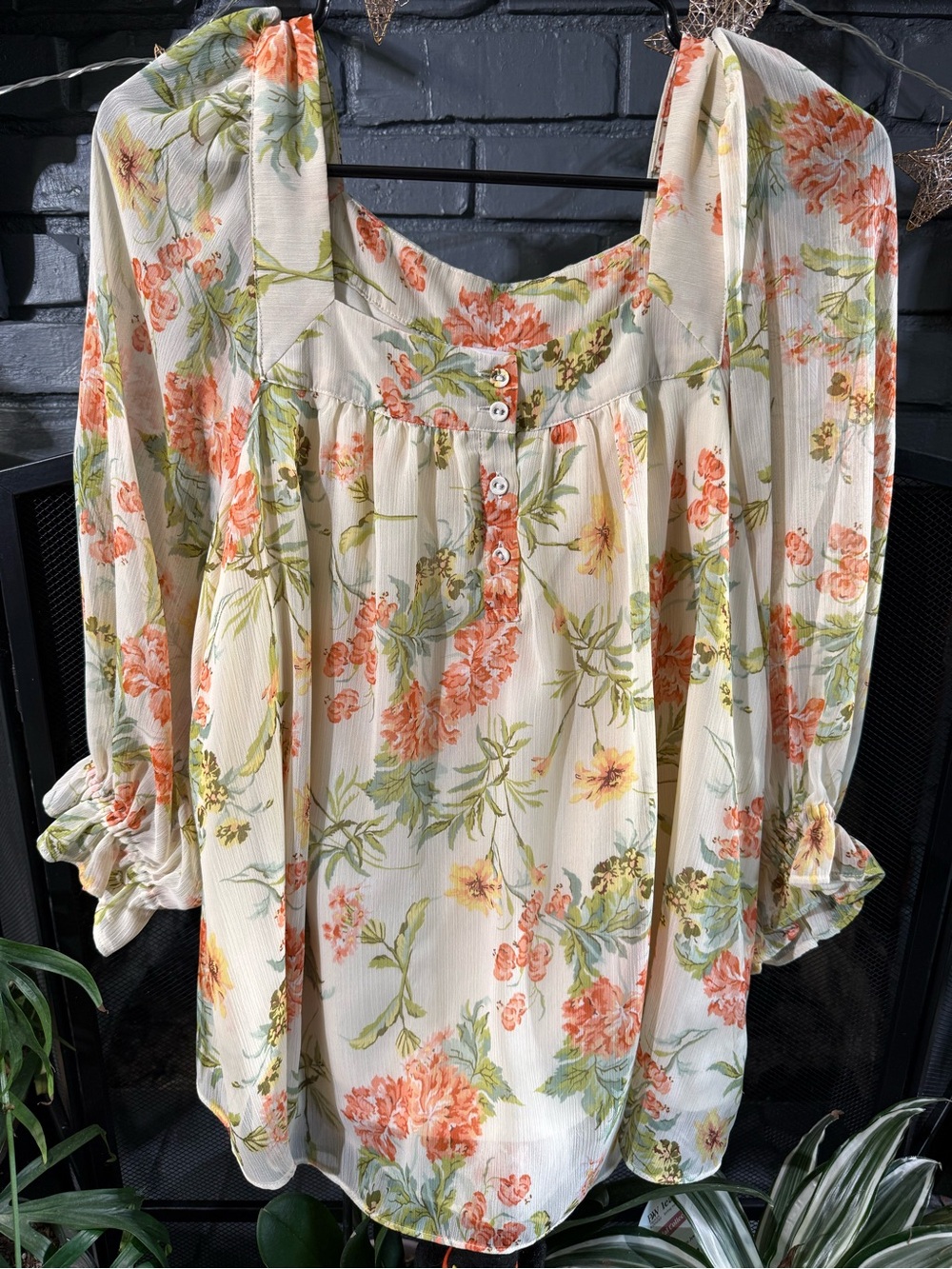 LC Lauren Conrad Cream Floral Peasant Blouse with Coral & Green Print